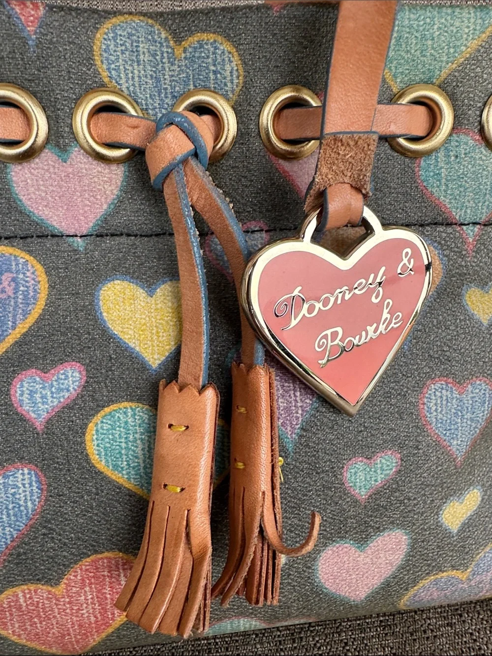 Vintage Dooney & Bourke Multicolor Heart Print Satchel with Tan Leather Handles